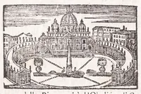 An illustration from Roma antica e moderna : nella quale si contengono chiese, monasterij, hospedali, compagnie, collegij e seminarij : tempij, teatri, anfiteatri, naumachie, cerchi, fori, curie, palazzi e statue : librarie, musei, pitture, scolture, & i nomi de gli artifici : indice de' sommi pontefici, imperatori, rè, e duchi : con vna copiosissima tauola, e aggiunta di tutte le cose notabili fatte sino al presente (1677)