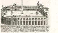 An illustration from Romanae magnitvdinis monvmenta, qvæ vrbem illam orbis dominam velvt redivivam exhibent posteritati, vetervm recentiorvmqve qvotqvot hac de re scripservnt avthoritate probata, qvibvs svffragantvr nvmismata, et mvsea principvm praesertim fragmenta marmorea Farnesiana, qvae vrbis antiqvae ichnographiam continent, restitvta et avcta cura, sumptibus ac typis Dominici de Rubeis .. (1699)