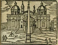 An illustration from Roma ricercata nel suo sito : con tutte le curiosità, che in essa si ritrouano, tanto antiche, come moderne, cioè chiese, monasterij, hospidali, collegij, seminarij, tempij, teatri, anfiteatri, naumachie, cerchi, fori, curie, palazzi, e statue, librarie, musei, pitture, sculture, & i nomi degli artefici (1687)