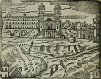 An illustration from Roma ricercata nel suo sito : con tutte le curiosità, che in essa si ritrouano, tanto antiche, come moderne, cioè chiese, monasterij, hospidali, collegij, seminarij, tempij, teatri, anfiteatri, naumachie, cerchi, fori, curie, palazzi, e statue, librarie, musei, pitture, sculture, & i nomi degli artefici (1687)