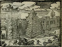 An illustration from Roma ricercata nel suo sito : con tutte le curiosità, che in essa si ritrouano, tanto antiche, come moderne, cioè chiese, monasterij, hospidali, collegij, seminarij, tempij, teatri, anfiteatri, naumachie, cerchi, fori, curie, palazzi, e statue, librarie, musei, pitture, sculture, & i nomi degli artefici (1687)