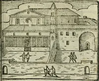 An illustration from Roma ricercata nel suo sito : con tutte le curiosità, che in essa si ritrouano, tanto antiche, come moderne, cioè chiese, monasterij, hospidali, collegij, seminarij, tempij, teatri, anfiteatri, naumachie, cerchi, fori, curie, palazzi, e statue, librarie, musei, pitture, sculture, & i nomi degli artefici (1687)