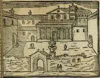An illustration from Roma ricercata nel suo sito : con tutte le curiosità, che in essa si ritrouano, tanto antiche, come moderne, cioè chiese, monasterij, hospidali, collegij, seminarij, tempij, teatri, anfiteatri, naumachie, cerchi, fori, curie, palazzi, e statue, librarie, musei, pitture, sculture, & i nomi degli artefici (1687)