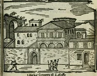 An illustration from Roma ricercata nel suo sito : con tutte le curiosità, che in essa si ritrouano, tanto antiche, come moderne, cioè chiese, monasterij, hospidali, collegij, seminarij, tempij, teatri, anfiteatri, naumachie, cerchi, fori, curie, palazzi, e statue, librarie, musei, pitture, sculture, & i nomi degli artefici (1687)
