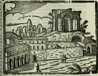 An illustration from Roma ricercata nel suo sito : con tutte le curiosità, che in essa si ritrouano, tanto antiche, come moderne, cioè chiese, monasterij, hospidali, collegij, seminarij, tempij, teatri, anfiteatri, naumachie, cerchi, fori, curie, palazzi, e statue, librarie, musei, pitture, sculture, & i nomi degli artefici (1687)
