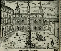 An illustration from Roma ricercata nel suo sito : con tutte le curiosità, che in essa si ritrouano, tanto antiche, come moderne, cioè chiese, monasterij, hospidali, collegij, seminarij, tempij, teatri, anfiteatri, naumachie, cerchi, fori, curie, palazzi, e statue, librarie, musei, pitture, sculture, & i nomi degli artefici (1687)
