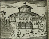 An illustration from Roma ricercata nel suo sito : con tutte le curiosità, che in essa si ritrouano, tanto antiche, come moderne, cioè chiese, monasterij, hospidali, collegij, seminarij, tempij, teatri, anfiteatri, naumachie, cerchi, fori, curie, palazzi, e statue, librarie, musei, pitture, sculture, & i nomi degli artefici (1687)