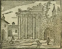 An illustration from Roma ricercata nel suo sito : con tutte le curiosità, che in essa si ritrouano, tanto antiche, come moderne, cioè chiese, monasterij, hospidali, collegij, seminarij, tempij, teatri, anfiteatri, naumachie, cerchi, fori, curie, palazzi, e statue, librarie, musei, pitture, sculture, & i nomi degli artefici (1687)