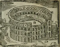 An illustration from Roma ricercata nel suo sito : con tutte le curiosità, che in essa si ritrouano, tanto antiche, come moderne, cioè chiese, monasterij, hospidali, collegij, seminarij, tempij, teatri, anfiteatri, naumachie, cerchi, fori, curie, palazzi, e statue, librarie, musei, pitture, sculture, & i nomi degli artefici (1687)