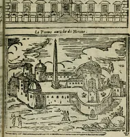 An illustration from Roma ricercata nel suo sito : con tutte le curiosità, che in essa si ritrouano, tanto antiche, come moderne, cioè chiese, monasterij, hospidali, collegij, seminarij, tempij, teatri, anfiteatri, naumachie, cerchi, fori, curie, palazzi, e statue, librarie, musei, pitture, sculture, & i nomi degli artefici (1687)