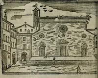 An illustration from Roma ricercata nel suo sito : con tutte le curiosità, che in essa si ritrouano, tanto antiche, come moderne, cioè chiese, monasterij, hospidali, collegij, seminarij, tempij, teatri, anfiteatri, naumachie, cerchi, fori, curie, palazzi, e statue, librarie, musei, pitture, sculture, & i nomi degli artefici (1687)