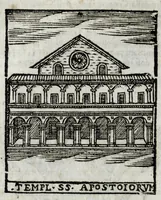 An illustration from Roma sacra, antica, e moderna : figurata e diuisa in tre parti, nella prima delle quali si contengono tutte le chiese, reliquie, stationi, indulgenze, ospedali, monasteri, compagnie, collegij seminari, pitture, e scolture, con la vita de' fondatori, e nomi degl' artefici : nella seconda si contiene la genealogia di Romolo, la serie de i rè, consoli e imperatori, teatri, anfiteatri, naumachie, cerchij, fori, curie, palazzi, & altre antichità : nella terza si contiene la descrittione dello stato presente secondo l'ordine di quattordici rioni, con le loro strade, piazze, fontane ... medaglie di tutti i pontefici delineate dal famoso Tempesta, e nomi dell' imperatori, rè, e duchi : cauate da Tito Liuio ... & altri graui autori : con tauola copiosa, & aggionta di tutte le cose notabili (1687)
