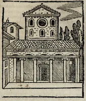An illustration from Roma sacra, antica, e moderna : figurata e diuisa in tre parti, nella prima delle quali si contengono tutte le chiese, reliquie, stationi, indulgenze, ospedali, monasteri, compagnie, collegij seminari, pitture, e scolture, con la vita de' fondatori, e nomi degl' artefici : nella seconda si contiene la genealogia di Romolo, la serie de i rè, consoli e imperatori, teatri, anfiteatri, naumachie, cerchij, fori, curie, palazzi, & altre antichità : nella terza si contiene la descrittione dello stato presente secondo l'ordine di quattordici rioni, con le loro strade, piazze, fontane ... medaglie di tutti i pontefici delineate dal famoso Tempesta, e nomi dell' imperatori, rè, e duchi : cauate da Tito Liuio ... & altri graui autori : con tauola copiosa, & aggionta di tutte le cose notabili (1687)