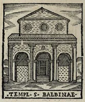 An illustration from Roma sacra, antica, e moderna : figurata e diuisa in tre parti, nella prima delle quali si contengono tutte le chiese, reliquie, stationi, indulgenze, ospedali, monasteri, compagnie, collegij seminari, pitture, e scolture, con la vita de' fondatori, e nomi degl' artefici : nella seconda si contiene la genealogia di Romolo, la serie de i rè, consoli e imperatori, teatri, anfiteatri, naumachie, cerchij, fori, curie, palazzi, & altre antichità : nella terza si contiene la descrittione dello stato presente secondo l'ordine di quattordici rioni, con le loro strade, piazze, fontane ... medaglie di tutti i pontefici delineate dal famoso Tempesta, e nomi dell' imperatori, rè, e duchi : cauate da Tito Liuio ... & altri graui autori : con tauola copiosa, & aggionta di tutte le cose notabili (1687)