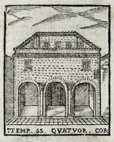 An illustration from Roma sacra, antica, e moderna : figurata e diuisa in tre parti, nella prima delle quali si contengono tutte le chiese, reliquie, stationi, indulgenze, ospedali, monasteri, compagnie, collegij seminari, pitture, e scolture, con la vita de' fondatori, e nomi degl' artefici : nella seconda si contiene la genealogia di Romolo, la serie de i rè, consoli e imperatori, teatri, anfiteatri, naumachie, cerchij, fori, curie, palazzi, & altre antichità : nella terza si contiene la descrittione dello stato presente secondo l'ordine di quattordici rioni, con le loro strade, piazze, fontane ... medaglie di tutti i pontefici delineate dal famoso Tempesta, e nomi dell' imperatori, rè, e duchi : cauate da Tito Liuio ... & altri graui autori : con tauola copiosa, & aggionta di tutte le cose notabili (1687)