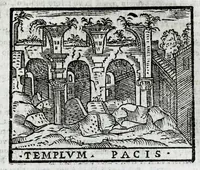 An illustration from Roma sacra, antica, e moderna : figurata e diuisa in tre parti, nella prima delle quali si contengono tutte le chiese, reliquie, stationi, indulgenze, ospedali, monasteri, compagnie, collegij seminari, pitture, e scolture, con la vita de' fondatori, e nomi degl' artefici : nella seconda si contiene la genealogia di Romolo, la serie de i rè, consoli e imperatori, teatri, anfiteatri, naumachie, cerchij, fori, curie, palazzi, & altre antichità : nella terza si contiene la descrittione dello stato presente secondo l'ordine di quattordici rioni, con le loro strade, piazze, fontane ... medaglie di tutti i pontefici delineate dal famoso Tempesta, e nomi dell' imperatori, rè, e duchi : cauate da Tito Liuio ... & altri graui autori : con tauola copiosa, & aggionta di tutte le cose notabili (1687)