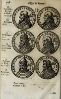 An illustration from Roma sacra, antica, e moderna : figurata e diuisa in tre parti, nella prima delle quali si contengono tutte le chiese, reliquie, stationi, indulgenze, ospedali, monasteri, compagnie, collegij seminari, pitture, e scolture, con la vita de' fondatori, e nomi degl' artefici : nella seconda si contiene la genealogia di Romolo, la serie de i rè, consoli e imperatori, teatri, anfiteatri, naumachie, cerchij, fori, curie, palazzi, & altre antichità : nella terza si contiene la descrittione dello stato presente secondo l'ordine di quattordici rioni, con le loro strade, piazze, fontane ... medaglie di tutti i pontefici delineate dal famoso Tempesta, e nomi dell' imperatori, rè, e duchi : cauate da Tito Liuio ... & altri graui autori : con tauola copiosa, & aggionta di tutte le cose notabili (1687)