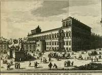 An illustration from Rome moderne : premiére ville de l'Europe : avec toutes ses magnificences et ses delices : nouvellement & très-exactement décrite ... : ce qui est suivi d'une description très-exacte du gouvernement & de l'Etat de Rome, aussi bien que des fonctions publiques du Pape & de tous ceux qui ont des emplois auprès de lui ... : le tout divisé en six tomes (1713)