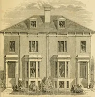 An illustration from Rudimentary treatise on the erection of dwelling-houses : illustrated by a perspective view, plans, elevations, and sections of a pair of semi-detached villas with the specification, quantities, and estimates and every requisite detail, in sequence, for their construction and finishing / by S.H. Brooks. (1874)