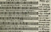 An illustration from Sachte verbetering der Psalm-rymen Datheni : dat is, De CL. Psalmen Davids, wel-eer door Petrus Dathenus op Nederlantsche rijmen gestelt, ende in de kercken van Nederlandt tot noch toe gebruyckt...Tot dienst der Nederlantsche kercken bereyt ende aen't licht gegeven door Abrahamus Tommius...Geheel met noten gedruckt...vervattende oock de Christelicke Catechismus met de kerckelicke formulieren ende gebeden (1695)