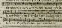 Picture 4 of 6 from Sachte verbetering der Psalm-rymen Datheni : dat is, De CL. Psalmen Davids, wel-eer door Petrus Dathenus op Nederlantsche rijmen gestelt, ende in de kercken van Nederlandt tot noch toe gebruyckt...Tot dienst der Nederlantsche kercken bereyt ende aen't licht gegeven door Abrahamus Tommius...Geheel met noten gedruckt...vervattende oock de Christelicke Catechismus met de kerckelicke formulieren ende gebeden (1695), leaf 182