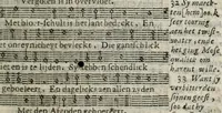 An illustration from Sachte verbetering der Psalm-rymen Datheni : dat is, De CL. Psalmen Davids, wel-eer door Petrus Dathenus op Nederlantsche rijmen gestelt, ende in de kercken van Nederlandt tot noch toe gebruyckt...Tot dienst der Nederlantsche kercken bereyt ende aen't licht gegeven door Abrahamus Tommius...Geheel met noten gedruckt...vervattende oock de Christelicke Catechismus met de kerckelicke formulieren ende gebeden (1695)
