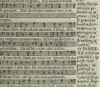 An illustration from Sachte verbetering der Psalm-rymen Datheni : dat is, De CL. Psalmen Davids, wel-eer door Petrus Dathenus op Nederlantsche rijmen gestelt, ende in de kercken van Nederlandt tot noch toe gebruyckt...Tot dienst der Nederlantsche kercken bereyt ende aen't licht gegeven door Abrahamus Tommius...Geheel met noten gedruckt...vervattende oock de Christelicke Catechismus met de kerckelicke formulieren ende gebeden (1695)