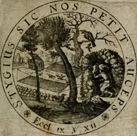 An illustration from Sacra emblemata LXXVI : in quibus summa unius cuiusq[ue] evangelii rotunde adumbratur : das ist, Sechsundsibentzig geistliche figürlein in welchen eines ieder evangelij summa kürtzlichen wird abgebildet (1625)