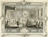 An illustration from Sacre et couronnement de Louis XVI roi de France et de Navarre à Rheims, le 11 juin 1775 : précédé de Recherches sur le sacre des rois de France, depuis Clovis jusqu'a Louis XV : et suivi d'un Journal historique de ce qui s'est passé a cette auguste cérémonie : enrichi d'un très-grand nombre de figures en taille-douce, gravées par le sieur Patas, avec leurs explications (1775)