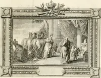 An illustration from Sacre et couronnement de Louis XVI roi de France et de Navarre à Rheims, le 11 juin 1775 : précédé de Recherches sur le sacre des rois de France, depuis Clovis jusqu'a Louis XV : et suivi d'un Journal historique de ce qui s'est passé a cette auguste cérémonie : enrichi d'un très-grand nombre de figures en taille-douce, gravées par le sieur Patas, avec leurs explications (1775)
