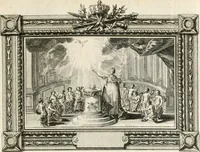 An illustration from Sacre et couronnement de Louis XVI roi de France et de Navarre à Rheims, le 11 juin 1775 : précédé de Recherches sur le sacre des rois de France, depuis Clovis jusqu'a Louis XV : et suivi d'un Journal historique de ce qui s'est passé a cette auguste cérémonie : enrichi d'un très-grand nombre de figures en taille-douce, gravées par le sieur Patas, avec leurs explications (1775)