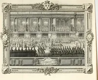 An illustration from Sacre et couronnement de Louis XVI roi de France et de Navarre à Rheims, le 11 juin 1775 : précédé de Recherches sur le sacre des rois de France, depuis Clovis jusqu'a Louis XV : et suivi d'un Journal historique de ce qui s'est passé a cette auguste cérémonie : enrichi d'un très-grand nombre de figures en taille-douce, gravées par le sieur Patas, avec leurs explications (1775)