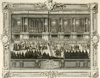 An illustration from Sacre et couronnement de Louis XVI roi de France et de Navarre à Rheims, le 11 juin 1775 : précédé de Recherches sur le sacre des rois de France, depuis Clovis jusqu'a Louis XV : et suivi d'un Journal historique de ce qui s'est passé a cette auguste cérémonie : enrichi d'un très-grand nombre de figures en taille-douce, gravées par le sieur Patas, avec leurs explications (1775)
