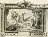 An illustration from Sacre et couronnement de Louis XVI roi de France et de Navarre à Rheims, le 11 juin 1775 : précédé de Recherches sur le sacre des rois de France, depuis Clovis jusqu'a Louis XV : et suivi d'un Journal historique de ce qui s'est passé a cette auguste cérémonie : enrichi d'un très-grand nombre de figures en taille-douce, gravées par le sieur Patas, avec leurs explications (1775)