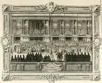 An illustration from Sacre et couronnement de Louis XVI roi de France et de Navarre à Rheims, le 11 juin 1775 : précédé de Recherches sur le sacre des rois de France, depuis Clovis jusqu'a Louis XV : et suivi d'un Journal historique de ce qui s'est passé a cette auguste cérémonie : enrichi d'un très-grand nombre de figures en taille-douce, gravées par le sieur Patas, avec leurs explications (1775)