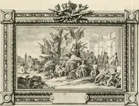 An illustration from Sacre et couronnement de Louis XVI roi de France et de Navarre à Rheims, le 11 juin 1775 : précédé de Recherches sur le sacre des rois de France, depuis Clovis jusqu'a Louis XV : et suivi d'un Journal historique de ce qui s'est passé a cette auguste cérémonie : enrichi d'un très-grand nombre de figures en taille-douce, gravées par le sieur Patas, avec leurs explications (1775)