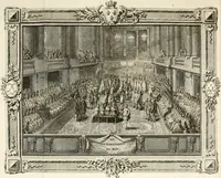 An illustration from Sacre et couronnement de Louis XVI roi de France et de Navarre à Rheims, le 11 juin 1775 : précédé de Recherches sur le sacre des rois de France, depuis Clovis jusqu'a Louis XV : et suivi d'un Journal historique de ce qui s'est passé a cette auguste cérémonie : enrichi d'un très-grand nombre de figures en taille-douce, gravées par le sieur Patas, avec leurs explications (1775)