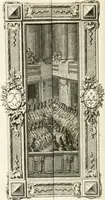 An illustration from Sacre et couronnement de Louis XVI roi de France et de Navarre à Rheims, le 11 juin 1775 : précédé de Recherches sur le sacre des rois de France, depuis Clovis jusqu'a Louis XV : et suivi d'un Journal historique de ce qui s'est passé a cette auguste cérémonie : enrichi d'un très-grand nombre de figures en taille-douce, gravées par le sieur Patas, avec leurs explications (1775)