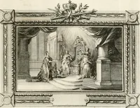 An illustration from Sacre et couronnement de Louis XVI roi de France et de Navarre à Rheims, le 11 juin 1775 : précédé de Recherches sur le sacre des rois de France, depuis Clovis jusqu'a Louis XV : et suivi d'un Journal historique de ce qui s'est passé a cette auguste cérémonie : enrichi d'un très-grand nombre de figures en taille-douce, gravées par le sieur Patas, avec leurs explications (1775)