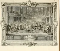 An illustration from Sacre et couronnement de Louis XVI roi de France et de Navarre à Rheims, le 11 juin 1775 : précédé de Recherches sur le sacre des rois de France, depuis Clovis jusqu'a Louis XV : et suivi d'un Journal historique de ce qui s'est passé a cette auguste cérémonie : enrichi d'un très-grand nombre de figures en taille-douce, gravées par le sieur Patas, avec leurs explications (1775)