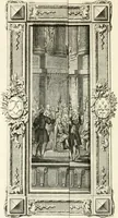 An illustration from Sacre et couronnement de Louis XVI roi de France et de Navarre à Rheims, le 11 juin 1775 : précédé de Recherches sur le sacre des rois de France, depuis Clovis jusqu'a Louis XV : et suivi d'un Journal historique de ce qui s'est passé a cette auguste cérémonie : enrichi d'un très-grand nombre de figures en taille-douce, gravées par le sieur Patas, avec leurs explications (1775)