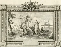 An illustration from Sacre et couronnement de Louis XVI roi de France et de Navarre à Rheims, le 11 juin 1775 : précédé de Recherches sur le sacre des rois de France, depuis Clovis jusqu'a Louis XV : et suivi d'un Journal historique de ce qui s'est passé a cette auguste cérémonie : enrichi d'un très-grand nombre de figures en taille-douce, gravées par le sieur Patas, avec leurs explications (1775)