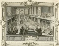An illustration from Sacre et couronnement de Louis XVI roi de France et de Navarre à Rheims, le 11 juin 1775 : précédé de Recherches sur le sacre des rois de France, depuis Clovis jusqu'a Louis XV : et suivi d'un Journal historique de ce qui s'est passé a cette auguste cérémonie : enrichi d'un très-grand nombre de figures en taille-douce, gravées par le sieur Patas, avec leurs explications (1775)