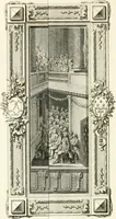 An illustration from Sacre et couronnement de Louis XVI roi de France et de Navarre à Rheims, le 11 juin 1775 : précédé de Recherches sur le sacre des rois de France, depuis Clovis jusqu'a Louis XV : et suivi d'un Journal historique de ce qui s'est passé a cette auguste cérémonie : enrichi d'un très-grand nombre de figures en taille-douce, gravées par le sieur Patas, avec leurs explications (1775)