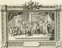 An illustration from Sacre et couronnement de Louis XVI roi de France et de Navarre à Rheims, le 11 juin 1775 : précédé de Recherches sur le sacre des rois de France, depuis Clovis jusqu'a Louis XV : et suivi d'un Journal historique de ce qui s'est passé a cette auguste cérémonie : enrichi d'un très-grand nombre de figures en taille-douce, gravées par le sieur Patas, avec leurs explications (1775)