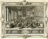 An illustration from Sacre et couronnement de Louis XVI roi de France et de Navarre à Rheims, le 11 juin 1775 : précédé de Recherches sur le sacre des rois de France, depuis Clovis jusqu'a Louis XV : et suivi d'un Journal historique de ce qui s'est passé a cette auguste cérémonie : enrichi d'un très-grand nombre de figures en taille-douce, gravées par le sieur Patas, avec leurs explications (1775)