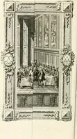An illustration from Sacre et couronnement de Louis XVI roi de France et de Navarre à Rheims, le 11 juin 1775 : précédé de Recherches sur le sacre des rois de France, depuis Clovis jusqu'a Louis XV : et suivi d'un Journal historique de ce qui s'est passé a cette auguste cérémonie : enrichi d'un très-grand nombre de figures en taille-douce, gravées par le sieur Patas, avec leurs explications (1775)