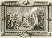 An illustration from Sacre et couronnement de Louis XVI roi de France et de Navarre à Rheims, le 11 juin 1775 : précédé de Recherches sur le sacre des rois de France, depuis Clovis jusqu'a Louis XV : et suivi d'un Journal historique de ce qui s'est passé a cette auguste cérémonie : enrichi d'un très-grand nombre de figures en taille-douce, gravées par le sieur Patas, avec leurs explications (1775)