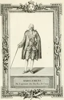 An illustration from Sacre et couronnement de Louis XVI roi de France et de Navarre à Rheims, le 11 juin 1775 : précédé de Recherches sur le sacre des rois de France, depuis Clovis jusqu'a Louis XV : et suivi d'un Journal historique de ce qui s'est passé a cette auguste cérémonie : enrichi d'un très-grand nombre de figures en taille-douce, gravées par le sieur Patas, avec leurs explications (1775)