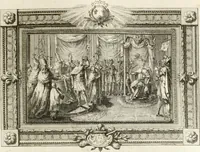 An illustration from Sacre et couronnement de Louis XVI roi de France et de Navarre à Rheims, le 11 juin 1775 : précédé de Recherches sur le sacre des rois de France, depuis Clovis jusqu'a Louis XV : et suivi d'un Journal historique de ce qui s'est passé a cette auguste cérémonie : enrichi d'un très-grand nombre de figures en taille-douce, gravées par le sieur Patas, avec leurs explications (1775)